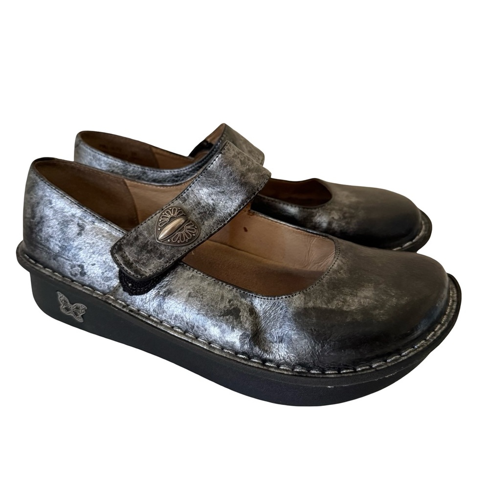 Alegria Paloma Womens Mary Jane Shoes Distressed  Metallic Leather Buckle SZ 38